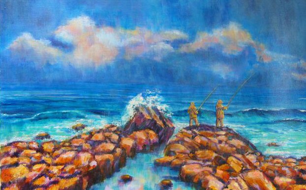 Australian Art - Fishing on the Rocks by Douglas Harrip